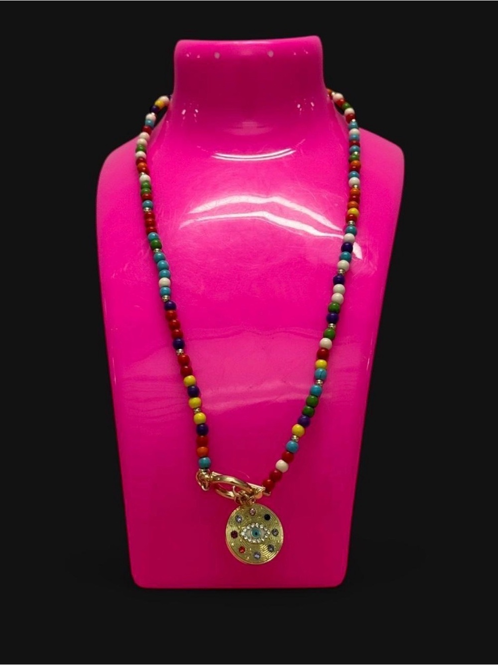 Gold Disc Pendant Multicolor Beaded Necklace